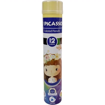 مداد رنگی 12 رنگ پیکاسو Picasso با درجه سختی HB جعبه فلزی استوانه ای