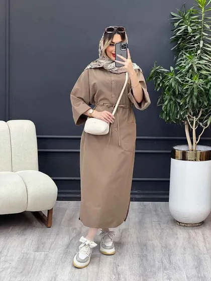 پیراهن بلند کمر گت تک جیب
