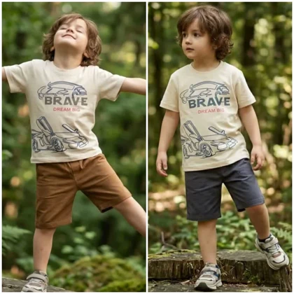 ست تیشرت شلوارک پسرانه طرح ماشین BRAVE سایز 45 تا 60