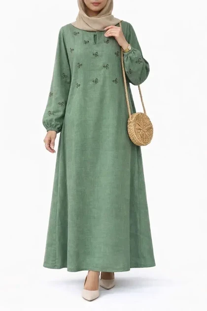 پیراهن مانتویی گلدوزی فرنیا همراه با کمربند