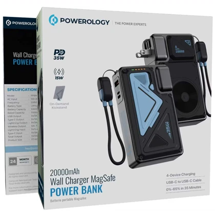 پاوربانک 20000 وایرلس و شارژر دیواری پاورولوژی Powerology PPBMH104BK برای آیفون و اندروید