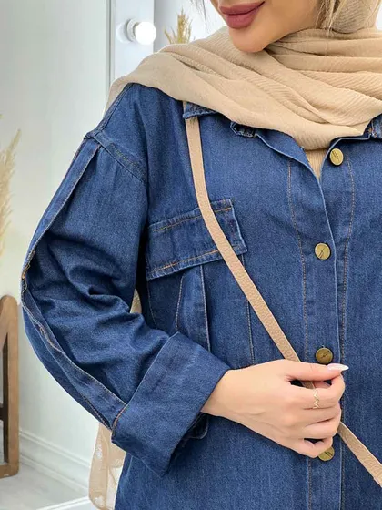 مانتو جین دو جیب آستین پاکتی