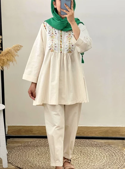 ست لینن جلو چین‌دار با خرجکار هندی کد 2917