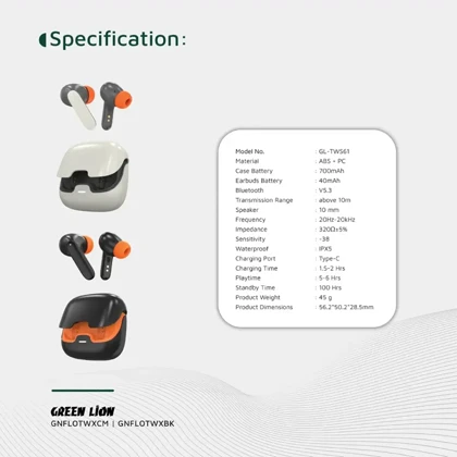 هندزفری بلوتوثی گرین لاین Green Lion مدل GL-TWS61 بلوتوث 5.3 ضدآب