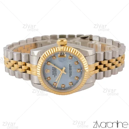 ساعت رولکس دیت جاست زنانه صفحه آبی صدفی ایندکس نگین‌دار مدیوم 105042