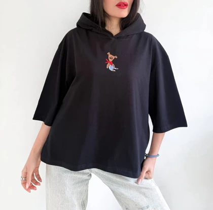 تیشرت باکسی گلدوزی زنانه عروسک تدی مستربین کلاهدار گرم بالا