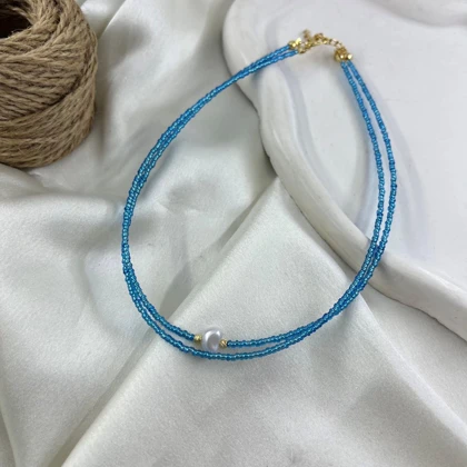 گردنبند زنانه مهره‌ای تابستانی مدل صدف طرح مروارید آبی