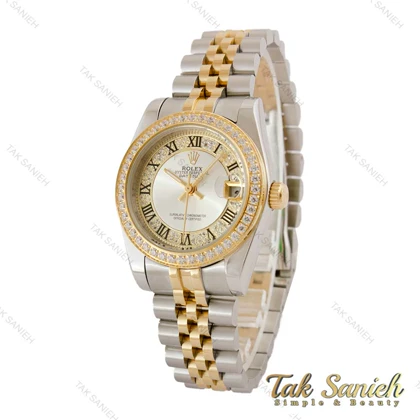 ساعت رولکس زنانه دورنگ طلایی دورنگین صفحه سیلور ایندکس رومی Rolex-5118-M-L