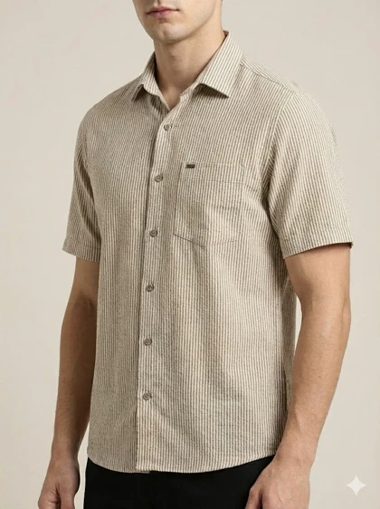 پیراهن مردانه آستین کوتاه راه راه کنفی کرم 713