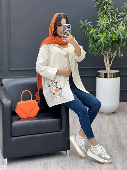 مانتو لینن نچرال گلدوزی