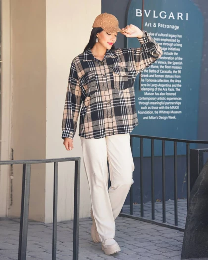 شکت پشمی چهارخانه زنانه مدل 2 جیب قد 70