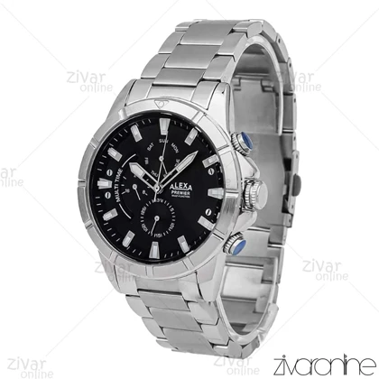 ساعت الکسا پریمیر A0104 مردانه سه موتوره نقره ای صفحه مشکی 106156
