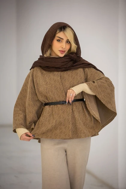 پالتو پانچ ژاکارد کمربنددار