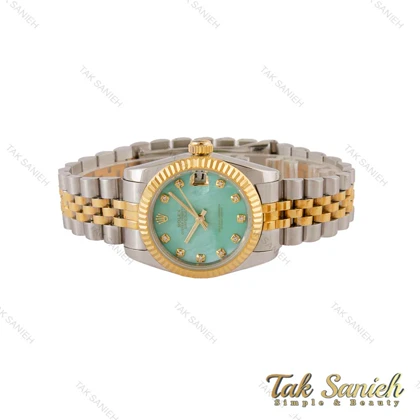 ساعت رولکس زنانه دورنگ طلایی صفحه سبز آبی صدفی Rolex-5038-S-L