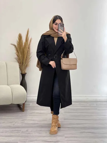 بارانی بلند چهاردکمه کمردار
