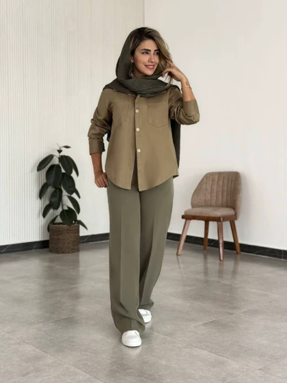 شومیز کتان دگمه چوبی زنانه کد TAINA