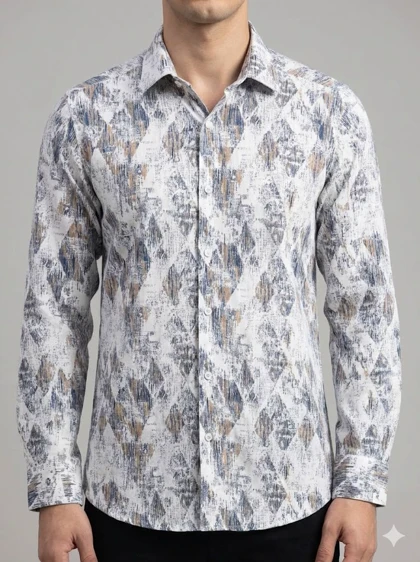 پیراهن مردانه آستین بلند کنفی طرحدار سفید کد 2000