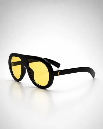 عینک آفتابی UV400 اروپایی اورسایز فریم مشکی عدسی زرد Yellow Lens Flat-Top Aviator Oversized Sunglasses