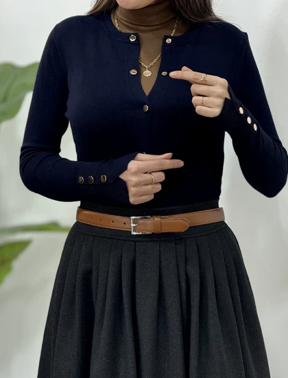 پلیور بافت جلودکمه پرواز (یقه گرد) (ایراد دار)