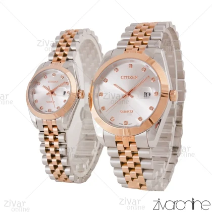 ست ساعت سیتیزن دورنگ رزگلد صفحه نقره ای نگین‌دار 105665