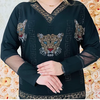 بلوز مجلسی زنانه پلنگی سنگ کریستال ترک کد 146