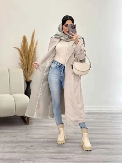 بارانی بلند چهاردکمه کمردار