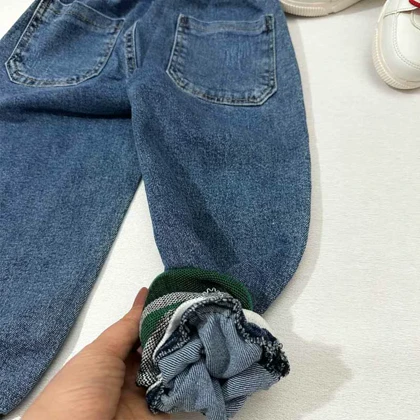 شلوار بچه گانه جین دمپاکش خرس شطرنجی