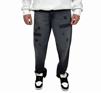 شلوار جین مردانه نیم بگ - رنگ خاکستری امبره زاپ‌دار - با وصله تیره