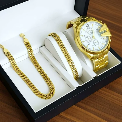 ست ساعت مچی مردانه طلایی صفحه سفید مدل U700 + دستبند و گردنبند کارتیه رنگ طلایی