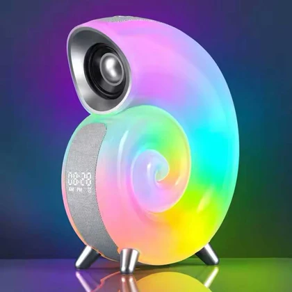 اسپیکر بلوتوثی شارژی حلزونی RGB دار با چراغ خواب و ساعت زنگ دار