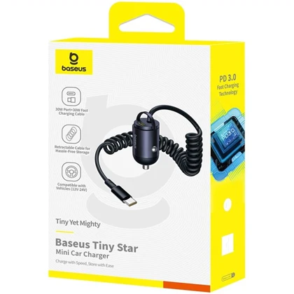 شارژر فندکی فست شارژ ماشین تایپ‌سی 30 وات بیسوس Baseus VCHXX-C C C00035001121-00 با کابل فنری متصل تایپ‌سی