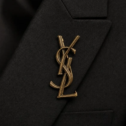 گل سینه مدل آرا طرح لوگو YSL طلایی بافت‌دار