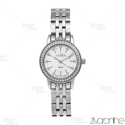 ساعت الکسا اسپشیال زنانه نقره ای صفحه سفید دور نگین 106145