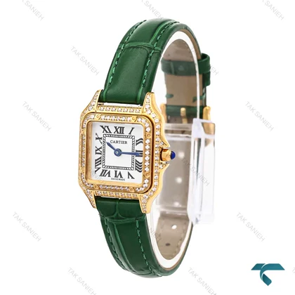 کارتیه پنته زنانه طلایی بندچرم سبز فول نگین اسمال Cartier-6274-L