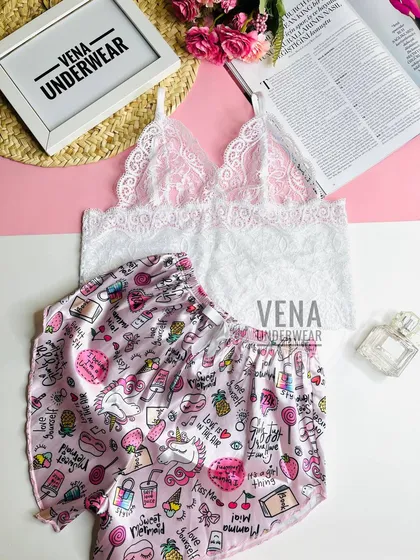 ست راحتی ساتن دوتکه طرح فانتزی