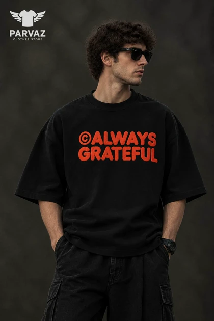 تیشرت باکسی دونخ پارچه سنگین مدل always grateful _ مشکی