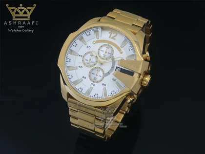 ساعت دیزل شاخدار صفحه سفید بند طلائی DIESEL 2051F