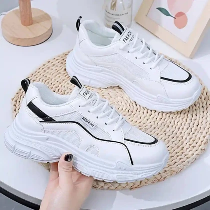 کتانی اسپرت لژدار طبی مدل چونه فانتزی سفید مشکی Women’s Chunky Platform Orthopedic White Black Fashion Sneakers