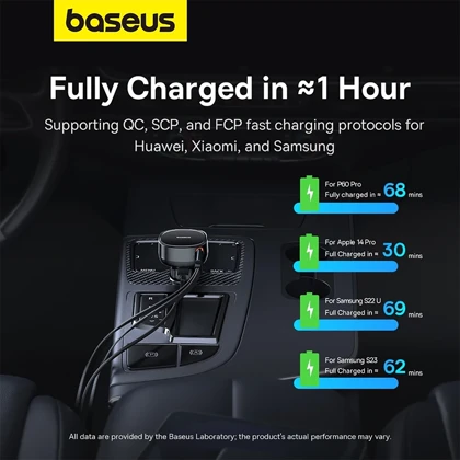 شارژر فندکی فست شارژ بیسوس Baseus مدل C0203100 توان 60 وات با کابل