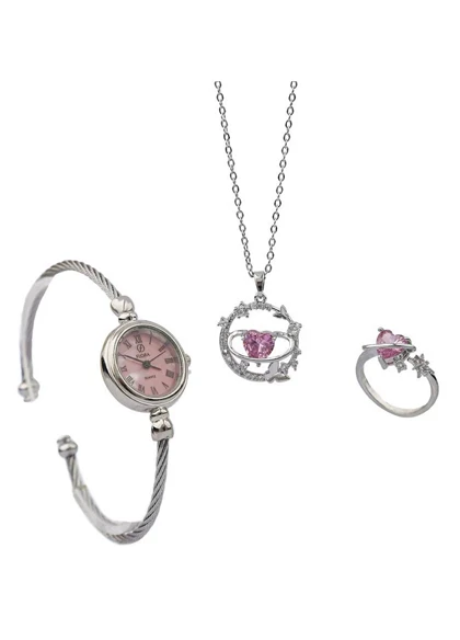 ست زنانه ساعت و گردنبند و انگشتر مدل ماه و ستاره-نقره ای ویژه