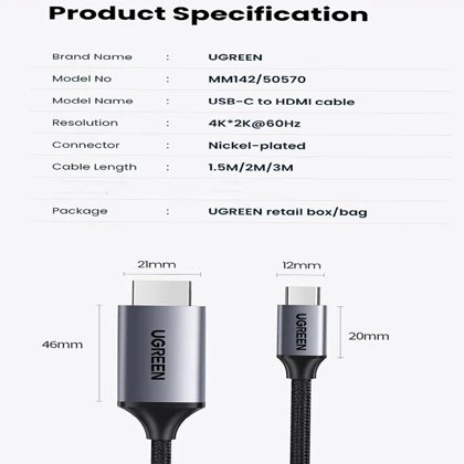 کابل تبدیل تایپ‌سی به HDMI یک و نیم متری یوگرین ugreen MM142 50570