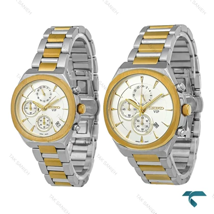 ست ساعت سیکو Vip سه موتوره دورنگ طلایی صفحه سفید Seiko-8817-S