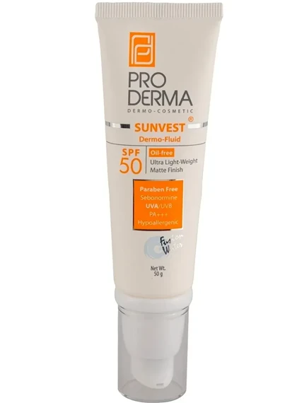 فلوئید ضدآفتاب بی رنگ پرودرما SPF50 پوست معمولی حجم 50گرم