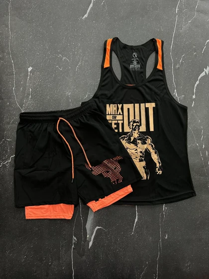 پکیج کد E448 شامل رکابی + شلوارک کشاله دار با تم مشکی نارنجی