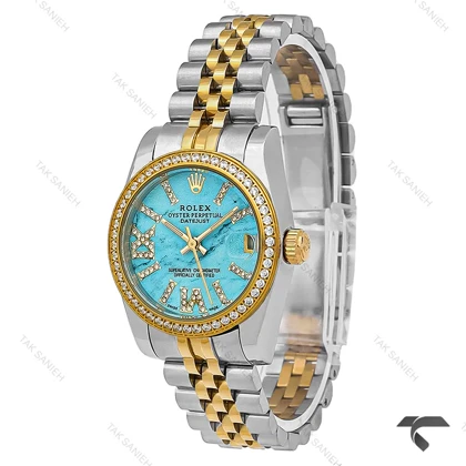 ساعت رولکس زنانه دورنگ طلایی پررنگین صفحه فیروزه ای Rolex-9859-L