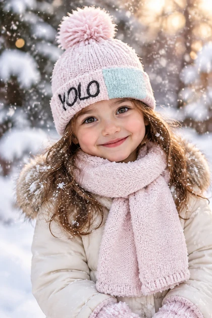 ست کلاه و شال گردن بافت بچگانه مدل YOLO - صورتی با پچ آبی (داخل مخمل)