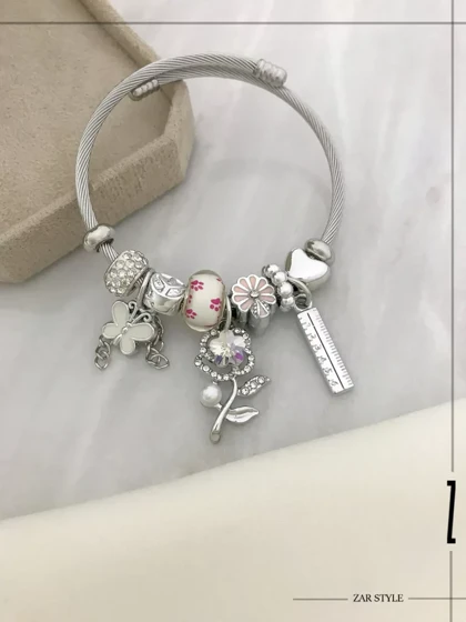 دستبند پاندورا چارم گل و پروانه و خط‌کش