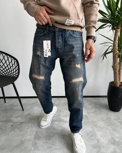شلوار مام فیت آبی کثیف شور زاپ‌دار ZARA