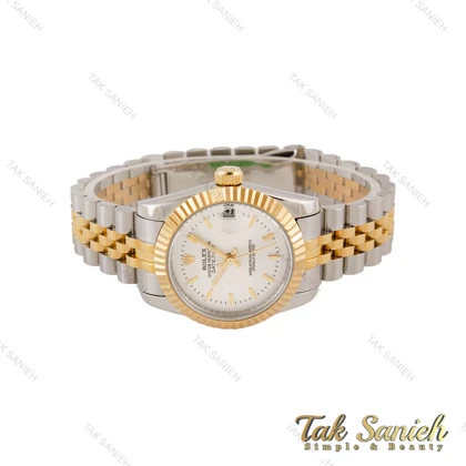 ساعت رولکس زنانه دورنگ طلایی صفحه سیلور خطی مدیوم Rolex-4834-L