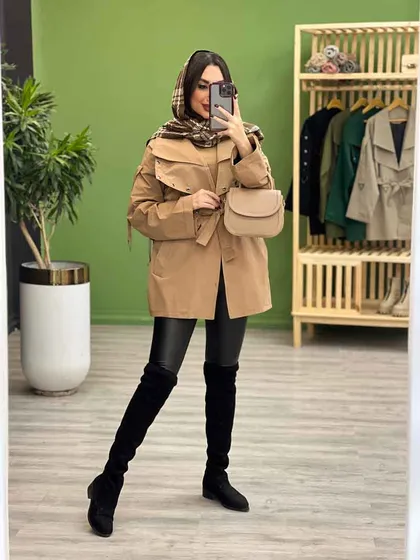 بارانی آستین و یقه پرچ دار
